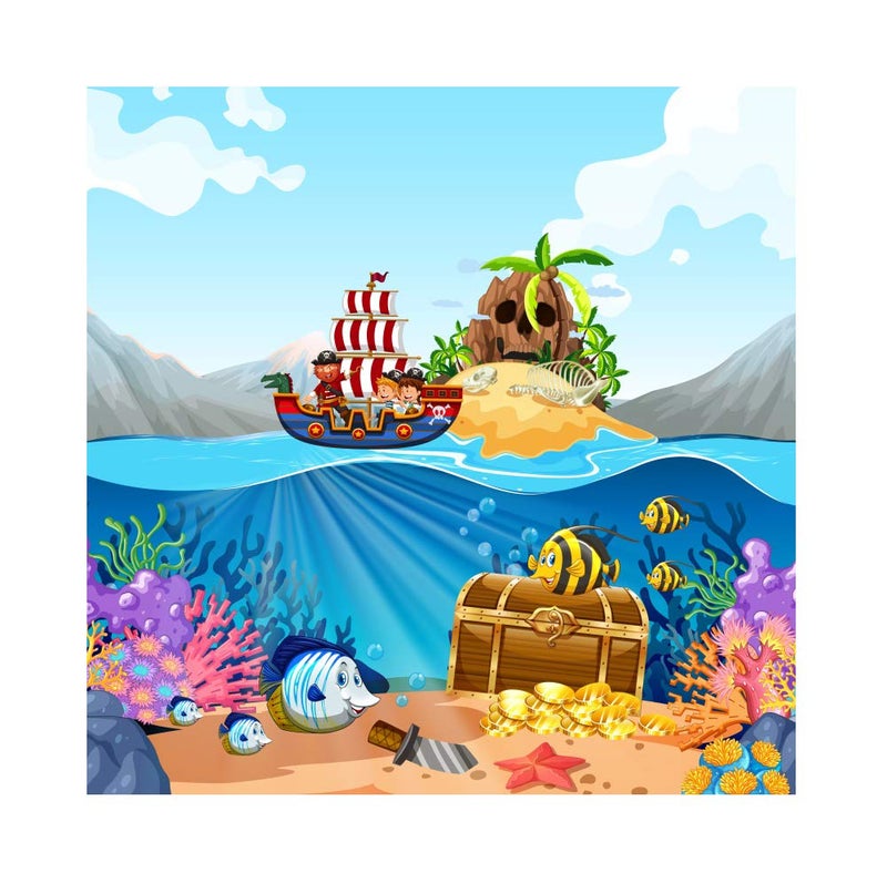 Haoyiyi 5x4ft Pirate Photography Backdrop Cartoon Underwater World Fish Coral Treasure Ship Island Background for Children Theme Birthday Party Bedroom Wall Decoration Pictures Photo Props - Image 1